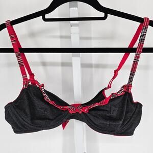 Vcitorias Secret Sz 36C Unlined Demi Bra Black Red Jingle Bells Christmas